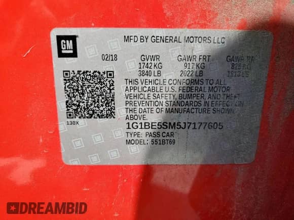 2018 Chevrolet Cruze LT with VIN 1G1BE5SM5J7177605, listed as a Copart auction lot 71865695 with 146,503 mi miles and Salvage title. Bid and sale history available at DreamBid. Image 12.