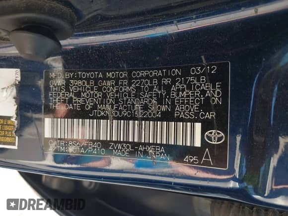 2012 Toyota Prius Four with VIN JTDKN3DU9C1522004, listed as a IAAI auction lot 43390390 with 218,131 mi miles and . Bid and sale history available at DreamBid. Image 9.