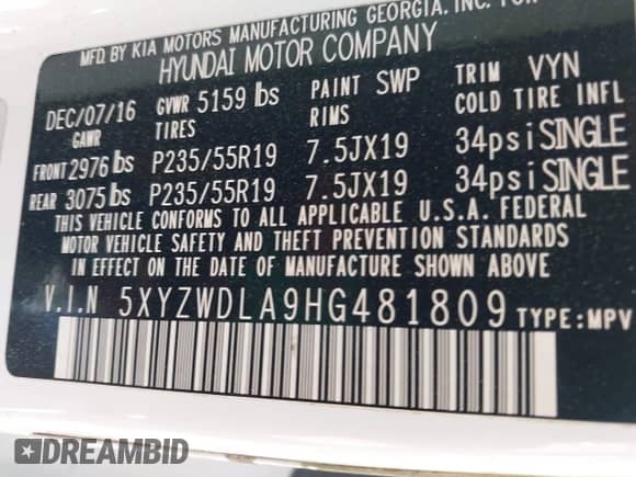 2017 Hyundai Santa Fe Ultimate с VIN 5XYZWDLA9HG481809, выставлен на аукционе IAAI как лот 42494779 с пробегом 69 674 миль миль и . История ставок и продаж доступна на DreamBid. Изображение 9.
