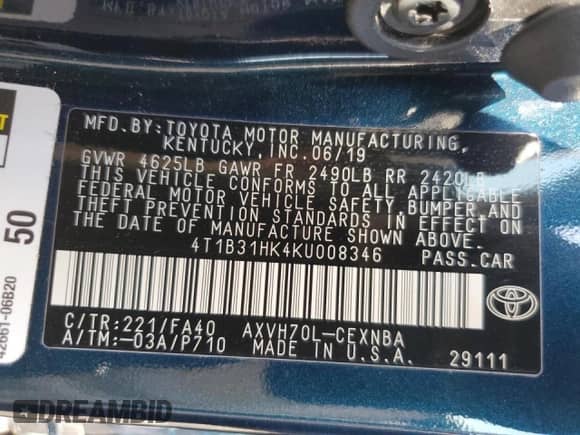 2019 Toyota Camry Hybrid LE с VIN 4T1B31HK4KU008346, выставлен на аукционе Copart как лот 66440705 с пробегом 44 010 миль миль и Списание • Salvage title. История ставок и продаж доступна на DreamBid. Изображение 13.