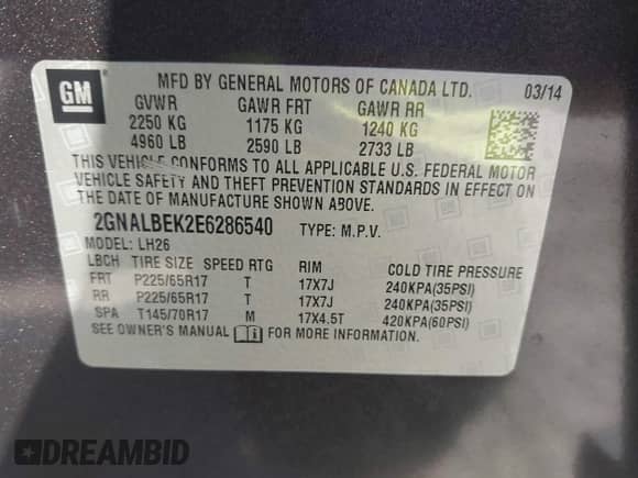 2014 Chevrolet Equinox LT z VIN 2GNALBEK2E6286540, wystawiony jako IAAI lot #43314346 z przebiegiem 152 257 mil mil oraz . Historia ofert i sprzedaży dostępna na DreamBid. Obrazek 9.