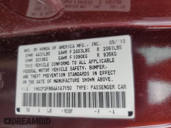 2010 Honda Accord EX-L z VIN 1HGCP2F88AA147150, wystawiony jako Copart lot #84750405 z przebiegiem 183 843 mil mil oraz Szkoda całkowita • Salvage title. Historia ofert i sprzedaży dostępna na DreamBid. Obrazek 12.