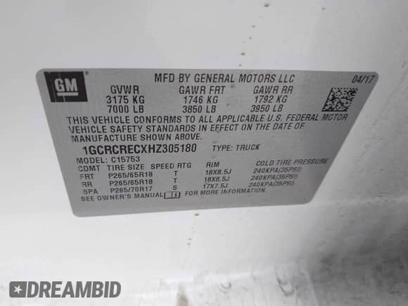 2017 Chevrolet Silverado 1500 LT with VIN 1GCRCRECXHZ305180, listed as a IAAI auction lot 42438695 with 117,363 mi miles and . Bid and sale history available at DreamBid. Image 9.