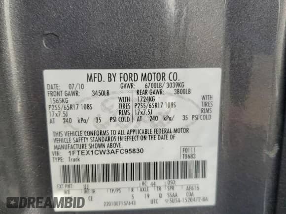 2010 Ford F-150 XL with VIN 1FTEX1CW3AFC95830, listed as a Copart auction lot 82580485 with 152,927 mi miles and Clean title. Bid and sale history available at DreamBid. Image 12.