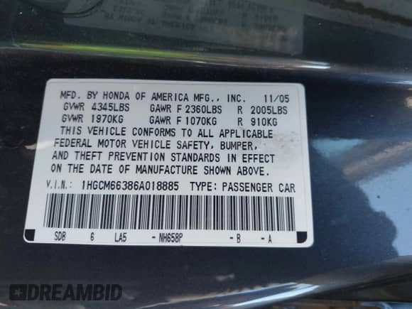 2006 Honda Accord LX с VIN 1HGCM66386A018885, выставлен на аукционе IAAI как лот 43363930 с пробегом 163 401 миль миль и . История ставок и продаж доступна на DreamBid. Изображение 9.