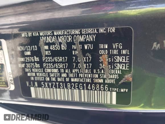 2014 Hyundai Santa Fe with VIN 5XYZT3LB2EG146866, listed as a IAAI auction lot 43524051 with 145,895 mi miles and . Bid and sale history available at DreamBid. Image 9.