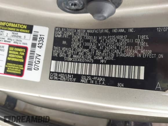 2008 Toyota Sienna XLE z VIN 5TDBK22C48S014479, wystawiony jako IAAI lot #41800059 z przebiegiem 154 958 mil mil oraz . Historia ofert i sprzedaży dostępna na DreamBid. Obrazek 9.