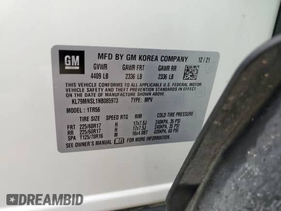 2022 Chevrolet TrailBlazer LS z VIN KL79MNSL1NB085973, wystawiony jako Copart lot #59682935 z przebiegiem 63 289 mil mil oraz Szkoda całkowita • Salvage title. Historia ofert i sprzedaży dostępna na DreamBid. Obrazek 12.