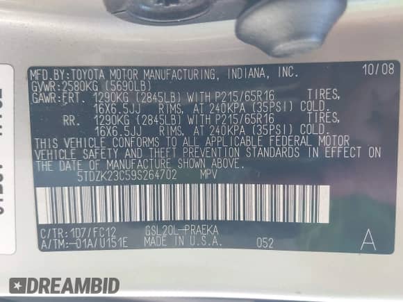 2009 Toyota Sienna LE с VIN 5TDZK23C59S264702, выставлен на аукционе IAAI как лот 43493690 с пробегом 174 034 миль миль и . История ставок и продаж доступна на DreamBid. Изображение 9.