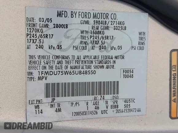 2005 Ford Explorer Limited с VIN 1FMDU75W65UB48550, выставлен на аукционе IAAI как лот 43070203 с пробегом 76 078 миль миль и . История ставок и продаж доступна на DreamBid. Изображение 9.