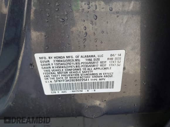 2014 Honda Pilot LX с VIN 5FNYF3H28EB022541, выставлен на аукционе IAAI как лот 43011655 с пробегом 157 051 миль миль и . История ставок и продаж доступна на DreamBid. Изображение 9.