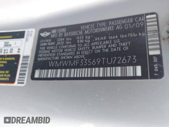 2009 MINI Hardtop z VIN WMWMF33569TU72673, wystawiony jako IAAI lot #43517238 z przebiegiem 181 712 mil mil oraz . Historia ofert i sprzedaży dostępna na DreamBid. Obrazek 9.