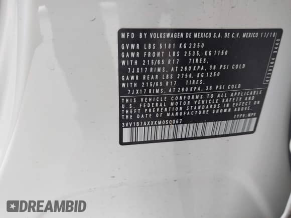 2019 Volkswagen Tiguan S с VIN 3VV1B7AXXKM050067, выставлен на аукционе IAAI как лот 42645660 с пробегом 37 131 миль миль и . История ставок и продаж доступна на DreamBid. Изображение 9.