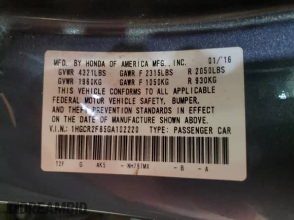 2016 Honda Accord EX-L with VIN 1HGCR2F85GA102220, listed as a Copart auction lot 85936545 with 102,825 mi miles and Salvage title. Bid and sale history available at DreamBid. Image 12.