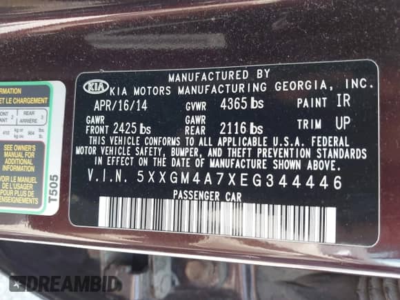 2014 Kia Optima LX with VIN 5XXGM4A7XEG344446, listed as a IAAI auction lot 42932567 with 241,322 mi miles and . Bid and sale history available at DreamBid. Image 9.