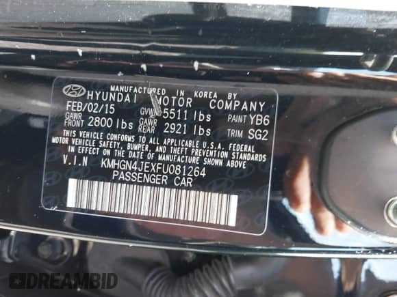 2015 Hyundai Genesis 3.8L with VIN KMHGN4JEXFU081264, listed as a IAAI auction lot 43384651 with 117,276 mi miles and . Bid and sale history available at DreamBid. Image 9.