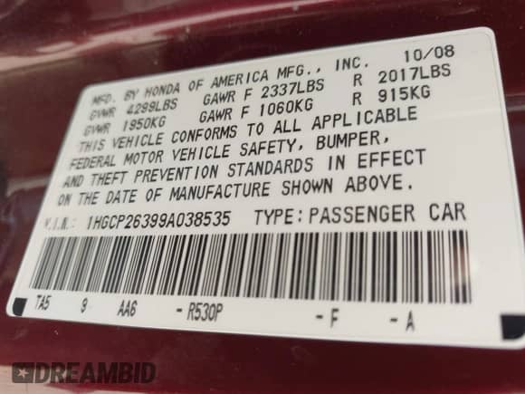 2009 Honda Accord LX with VIN 1HGCP26399A038535, listed as a IAAI auction lot 43178179 with 277,326 mi miles and . Bid and sale history available at DreamBid. Image 9.