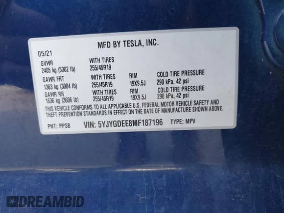 2021 Tesla Model Y Long Range with VIN 5YJYGDEE8MF187196, listed as a IAAI auction lot 42615790 with 89,810 mi miles and . Bid and sale history available at DreamBid. Image 9.