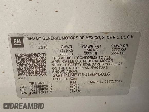 2018 GMC Sierra 1500 SLT z VIN 3GTP1NEC9JG646016, wystawiony jako IAAI lot #42769294 z przebiegiem 151 719 mil mil oraz . Historia ofert i sprzedaży dostępna na DreamBid. Obrazek 9.
