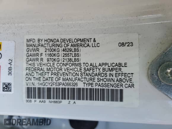 2023 Honda Accord Sport z VIN 1HGCY2F53PA066326, wystawiony jako Copart lot #81072665 z przebiegiem 26 442 mil mil oraz Szkoda całkowita • Salvage title. Historia ofert i sprzedaży dostępna na DreamBid. Obrazek 12.