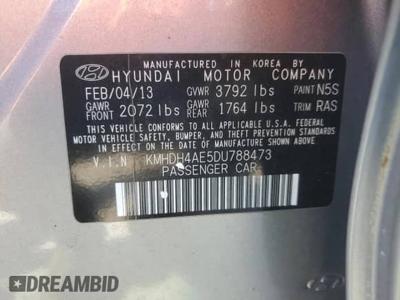 2013 Hyundai Elantra GLS with VIN KMHDH4AE5DU788473, listed as a Copart auction lot 89661395 with 193,655 mi miles and Salvage title. Bid and sale history available at DreamBid. Image 12.