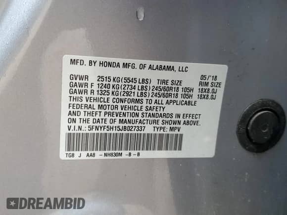 2018 Honda Pilot LX с VIN 5FNYF5H15JB027337, выставлен на аукционе Copart как лот 68421195 с пробегом 143 806 миль миль и Списание • Salvage title. История ставок и продаж доступна на DreamBid. Изображение 12.