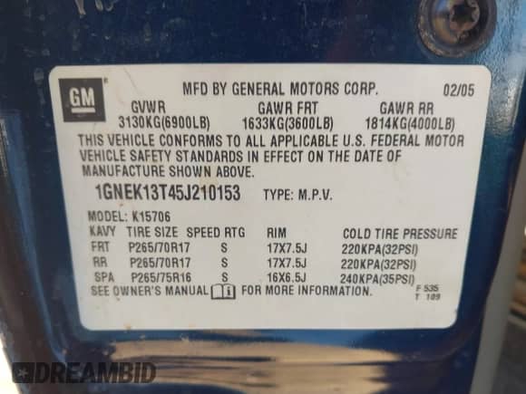2005 Chevrolet Tahoe LS with VIN 1GNEK13T45J210153, listed as a IAAI auction lot 43284894 with 198,858 mi miles and . Bid and sale history available at DreamBid. Image 9.