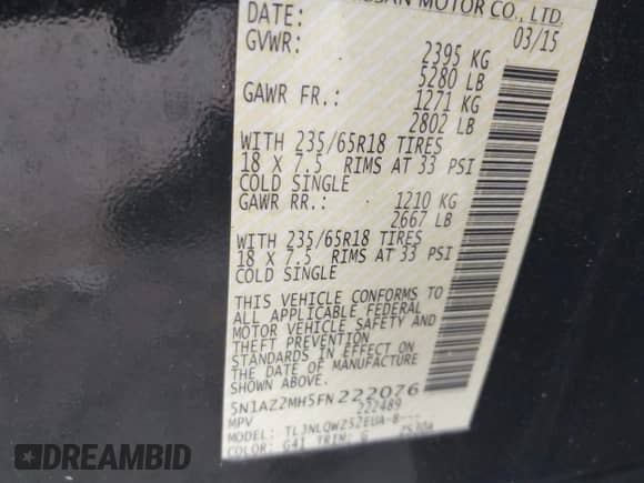 2015 Nissan Murano S with VIN 5N1AZ2MH5FN222076, listed as a IAAI auction lot 42066329 with 158,756 mi miles and . Bid and sale history available at DreamBid. Image 9.