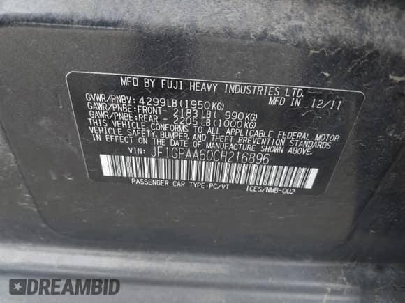 2012 Subaru Impreza 2.0i with VIN JF1GPAA60CH216896, listed as a IAAI auction lot 42429810 with 140,221 mi miles and . Bid and sale history available at DreamBid. Image 9.