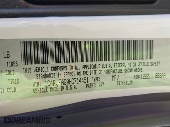 2017 Jeep Grand Cherokee Altitude with VIN 1C4RJFAG0HC714451, listed as a IAAI auction lot 43127236 with 116,501 mi miles and . Bid and sale history available at DreamBid. Image 9.