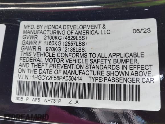 2023 Honda Accord Sport with VIN 1HGCY2F58PA050414, listed as a IAAI auction lot 43097506 with 45,275 mi miles and . Bid and sale history available at DreamBid. Image 9.