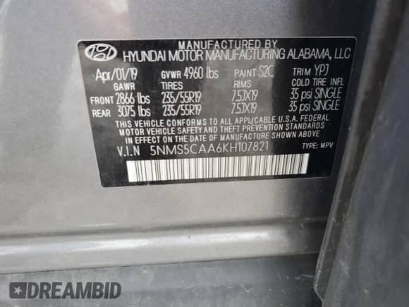 2019 Hyundai Santa Fe Ultimate z VIN 5NMS5CAA6KH107821, wystawiony jako Copart lot #68883055 z przebiegiem 68 496 mil mil oraz Szkoda całkowita • Salvage title. Historia ofert i sprzedaży dostępna na DreamBid. Obrazek 13.