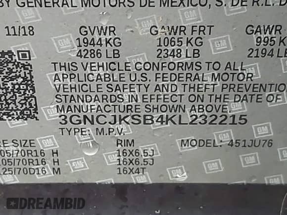 2019 Chevrolet Trax LS с VIN 3GNCJKSB4KL232215, выставлен на аукционе IAAI как лот 43436092 с пробегом 32 261 миль миль и . История ставок и продаж доступна на DreamBid. Изображение 9.