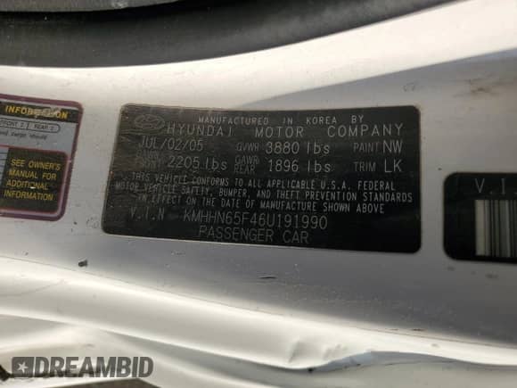 2006 Hyundai Tiburon GT z VIN KMHHN65F46U191990, wystawiony jako Copart lot #61887894 z przebiegiem 252 384 mil mil oraz Szkoda całkowita • Salvage title. Historia ofert i sprzedaży dostępna na DreamBid. Obrazek 12.