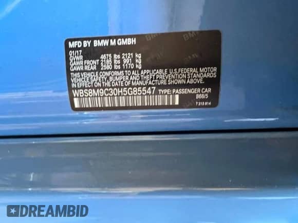 2017 BMW M3 z VIN WBS8M9C30H5G85547, wystawiony jako Copart lot #65657175 z przebiegiem 50 160 mil mil oraz Czysty tytuł • Clean title. Historia ofert i sprzedaży dostępna na DreamBid. Obrazek 10.