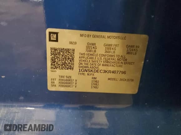 2019 Chevrolet Tahoe Commercial с VIN 1GNSKDEC3KR407796, выставлен на аукционе Copart как лот 68898185 с пробегом 123 134 миль миль и Чистый • Clean title. История ставок и продаж доступна на DreamBid. Изображение 13.