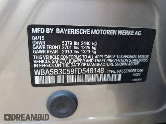 2015 BMW 5 Series 535i xDrive with VIN WBA5B3C59FD548148, listed as a Copart auction lot 80964825 with 96,226 mi miles and Clean title. Bid and sale history available at DreamBid. Image 13.