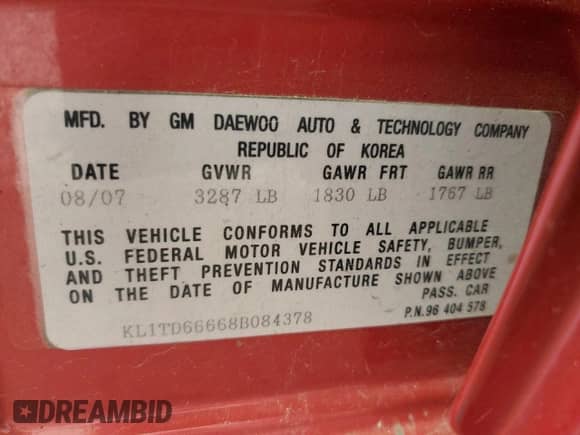 2008 Chevrolet Aveo LS with VIN KL1TD66668B084378, listed as a Copart auction lot 61501235 with 96,050 mi miles and Salvage title. Bid and sale history available at DreamBid. Image 12.