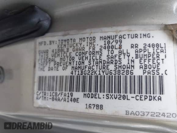 2000 Toyota Camry CE с VIN 4T1BG22K1YU638286, выставлен на аукционе IAAI как лот 43400822 с пробегом 220 729 миль миль и . История ставок и продаж доступна на DreamBid. Изображение 9.