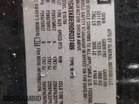 2013 Chevrolet Tahoe LT with VIN 1GNSKBE09DR337489, listed as a Copart auction lot 57452125 with 207,659 mi miles and Clean title. Bid and sale history available at DreamBid. Image 12.