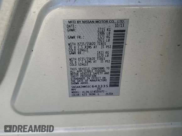 2014 Nissan Pathfinder SL with VIN 5N1AR2MM5EC643335, listed as a Copart auction lot 80341695 with 164,378 mi miles and Salvage title. Bid and sale history available at DreamBid. Image 12.