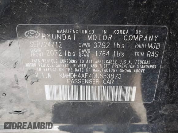 2013 Hyundai Elantra GLS with VIN KMHDH4AE4DU653873, listed as a IAAI auction lot 41564426 with 152,117 mi miles and . Bid and sale history available at DreamBid. Image 9.