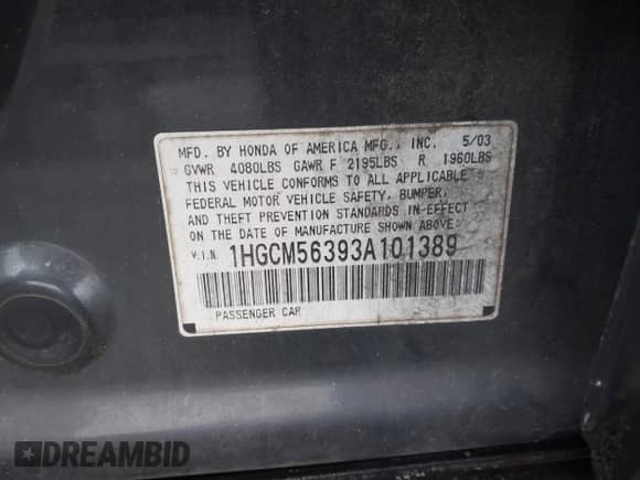 2003 Honda Accord LX with VIN 1HGCM56393A101389, listed as a IAAI auction lot 41570155 with 177,054 mi miles and . Bid and sale history available at DreamBid. Image 9.