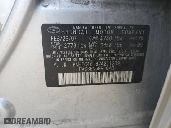 2007 Hyundai Azera SE с VIN KMHFC46F87A211239, выставлен на аукционе Copart как лот 84478194 с пробегом Не указан миль и Списание • Salvage title. История ставок и продаж доступна на DreamBid. Изображение 14.