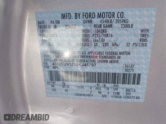 2008 Mercury Mariner with VIN 4M2CU91Z68KJ45797, listed as a IAAI auction lot 41615117 with 87,936 mi miles and . Bid and sale history available at DreamBid. Image 9.