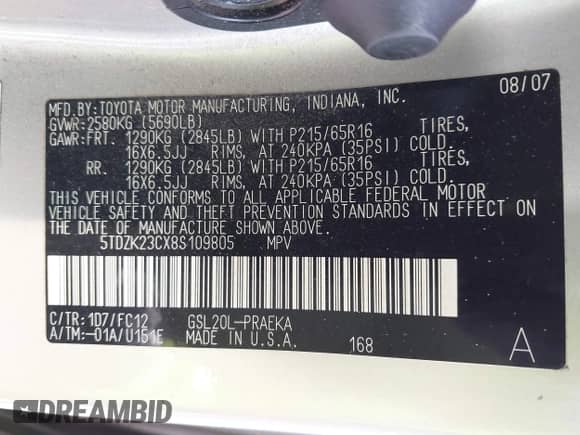 2008 Toyota Sienna CE with VIN 5TDZK23CX8S109805, listed as a IAAI auction lot 43273036 with 252,740 mi miles and . Bid and sale history available at DreamBid. Image 9.