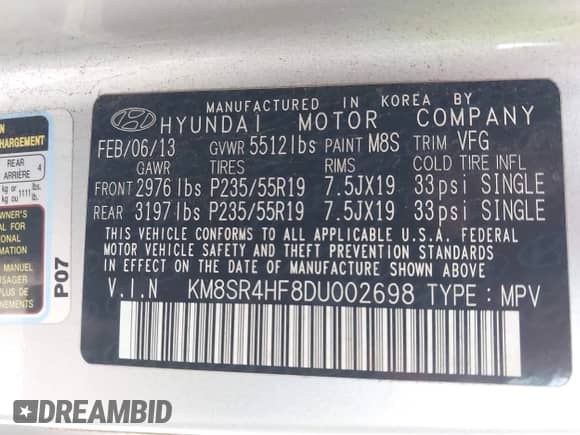 2013 Hyundai Santa Fe Limited with VIN KM8SR4HF8DU002698, listed as a IAAI auction lot 42431682 with 203,226 mi miles and . Bid and sale history available at DreamBid. Image 9.