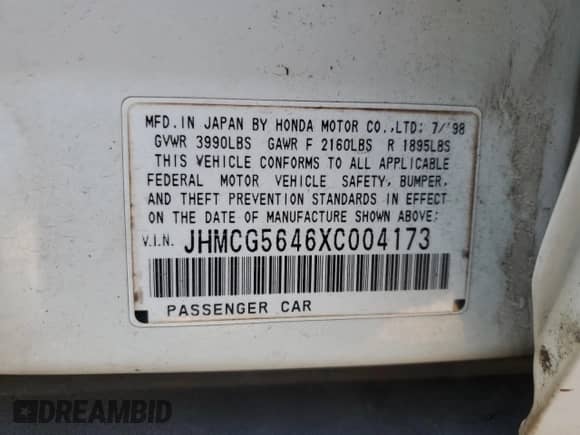 1999 Honda Accord LX с VIN JHMCG5646XC004173, выставлен на аукционе Copart как лот 81914455 с пробегом 240 577 миль миль и Списание • Salvage title. История ставок и продаж доступна на DreamBid. Изображение 12.