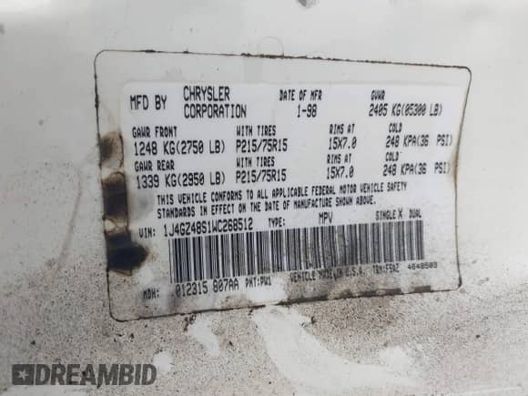 1997 Jeep Grand Cherokee with VIN 1J4GZ5856VC510974, listed as a IAAI auction lot 41988921 with 172,930 mi miles and . Bid and sale history available at DreamBid. Image 9.