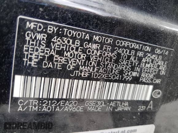 2014 Lexus IS 250 с VIN JTHBF1D2XE5041799, выставлен на аукционе Copart как лот 82315365 с пробегом 157 669 миль миль и Списание • Salvage title. История ставок и продаж доступна на DreamBid. Изображение 12.